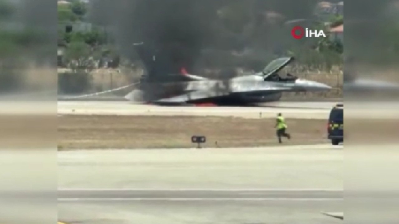 Yunanistan’da acil iniş yapan F-16 alev topuna döndü