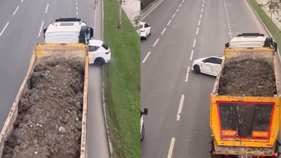 Hafriyat kamyonu otomobili metrelerce sürükledi: Korku dolu anlar saniye saniye kaydedildi